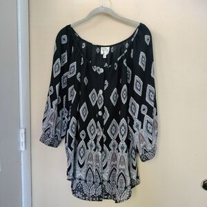 Fig & Flower Button Down Black Tan Sheer Tunic Top Blouse XL Boho Classic